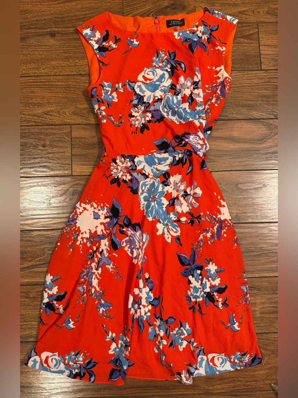 Tahari ASL Levine Red - Orange Floral Faux Wrap Tie Side Dress. 
Women’s size 4